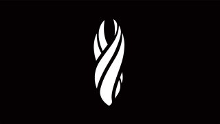 White logo consisting of overlapping vertical swirls