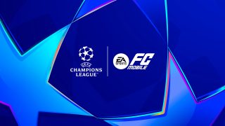Logotipo da UEFA Champions League ao lado do logotipo do EA Sports FC Mobile à frente de um fundo azul vibrante com estrelas.